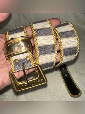 Vintage 80s Elite Fresno CA Woven Striped Belt Gold Statement Buckle Medium M